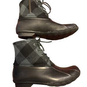 Sperry Winter Snow Boots Saltwater Duck Boots Buffalo Check Black Gray Size 8
